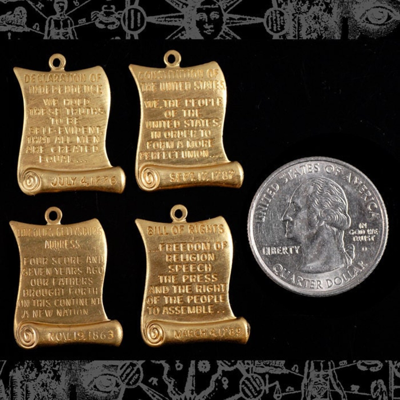 Raw Brass United States Patriotic Charms - Set of Four - B-C17